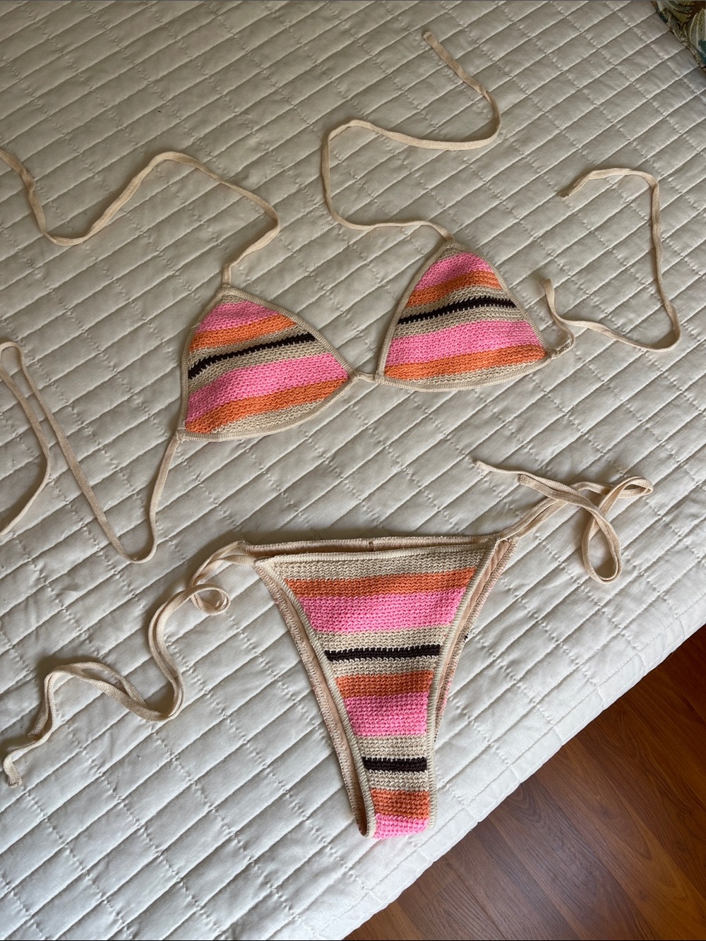 Striped Crochet Bikini Set in Pink, Orange & Beige